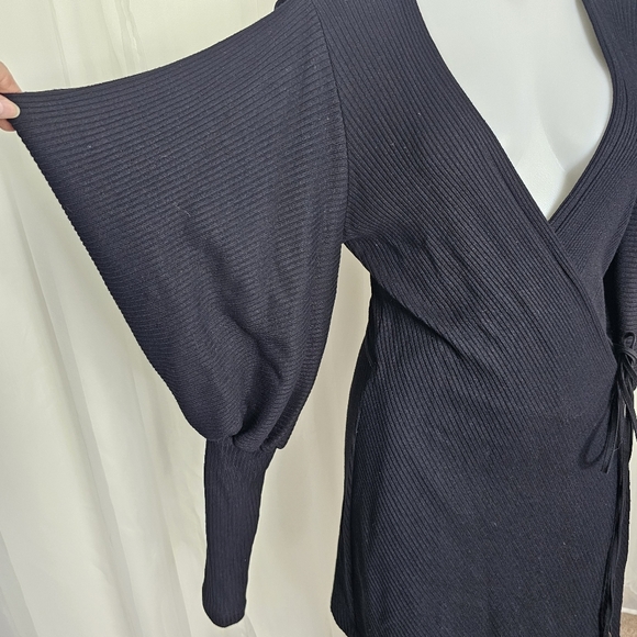 Anne Fontaine Aloyse Black Sweater Wrap Dress Slit Puff Balloon Sleeve Size 42 - Picture 4 of 13
